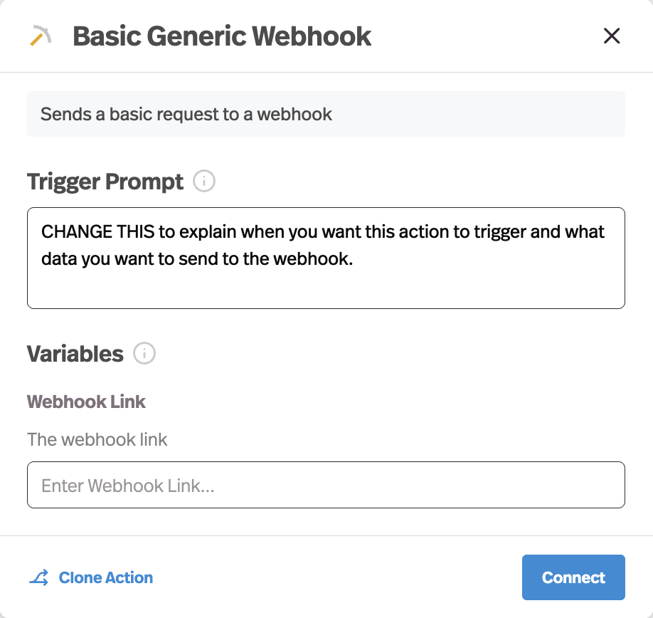 Pickaxe action configuration showing webhook setup for connecting to external services